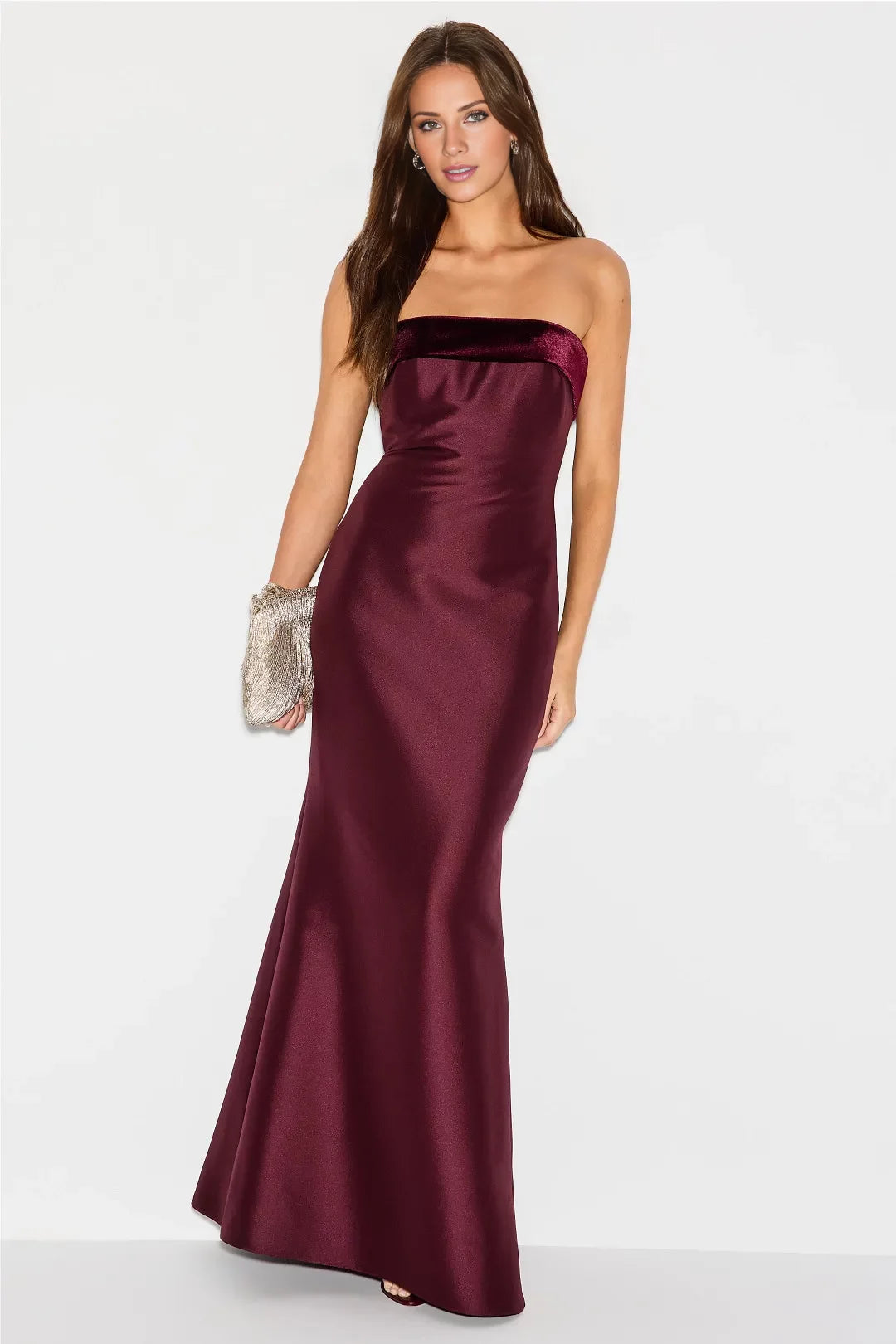 Ceremonial Off the Shoulder Neck Strapless Velvet-Trimmed Satin Mermaid Floor-Length Evening Dress