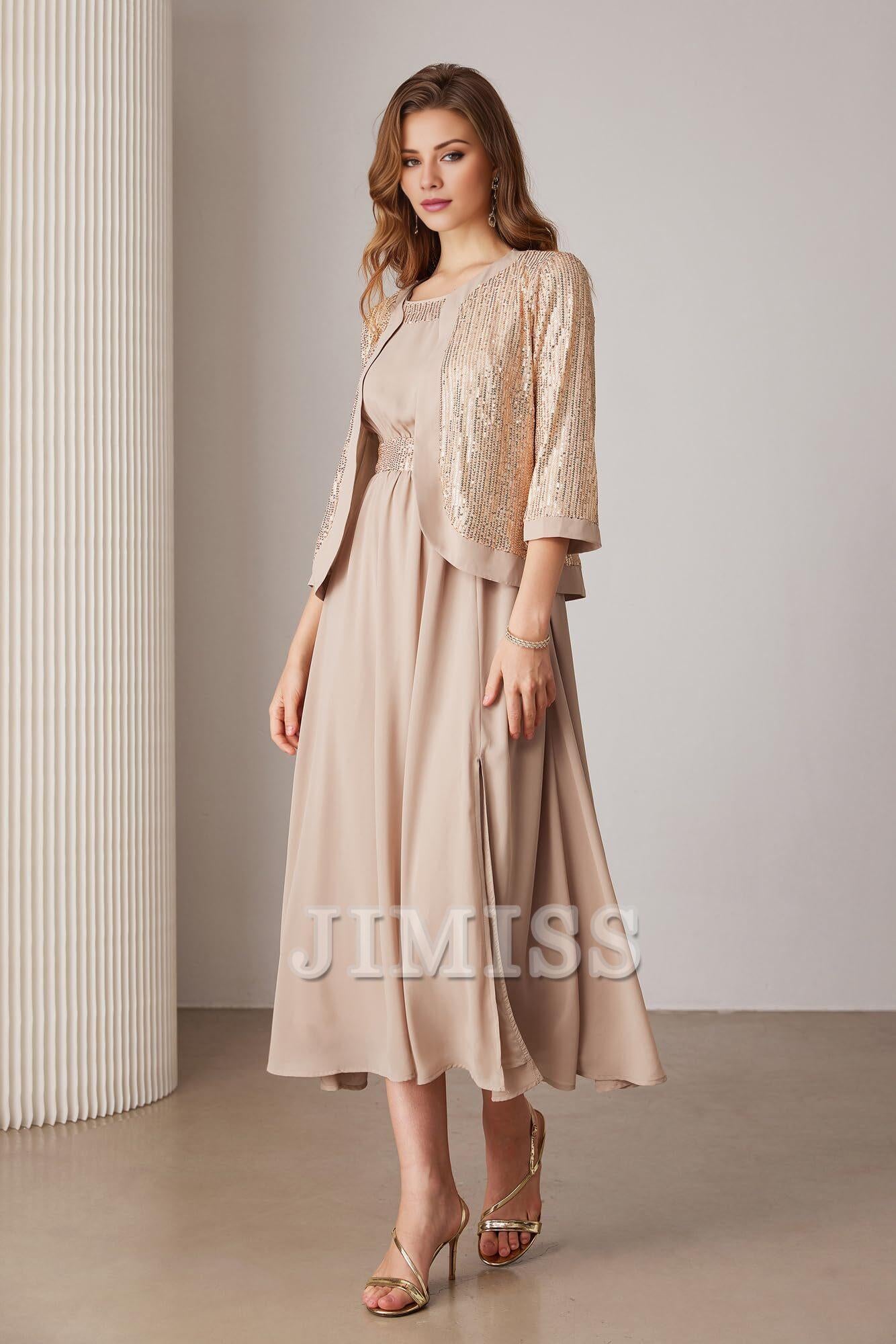 Black Chiffon A-Line Midi Evening Dress with Square Neck & Sequin Jacket