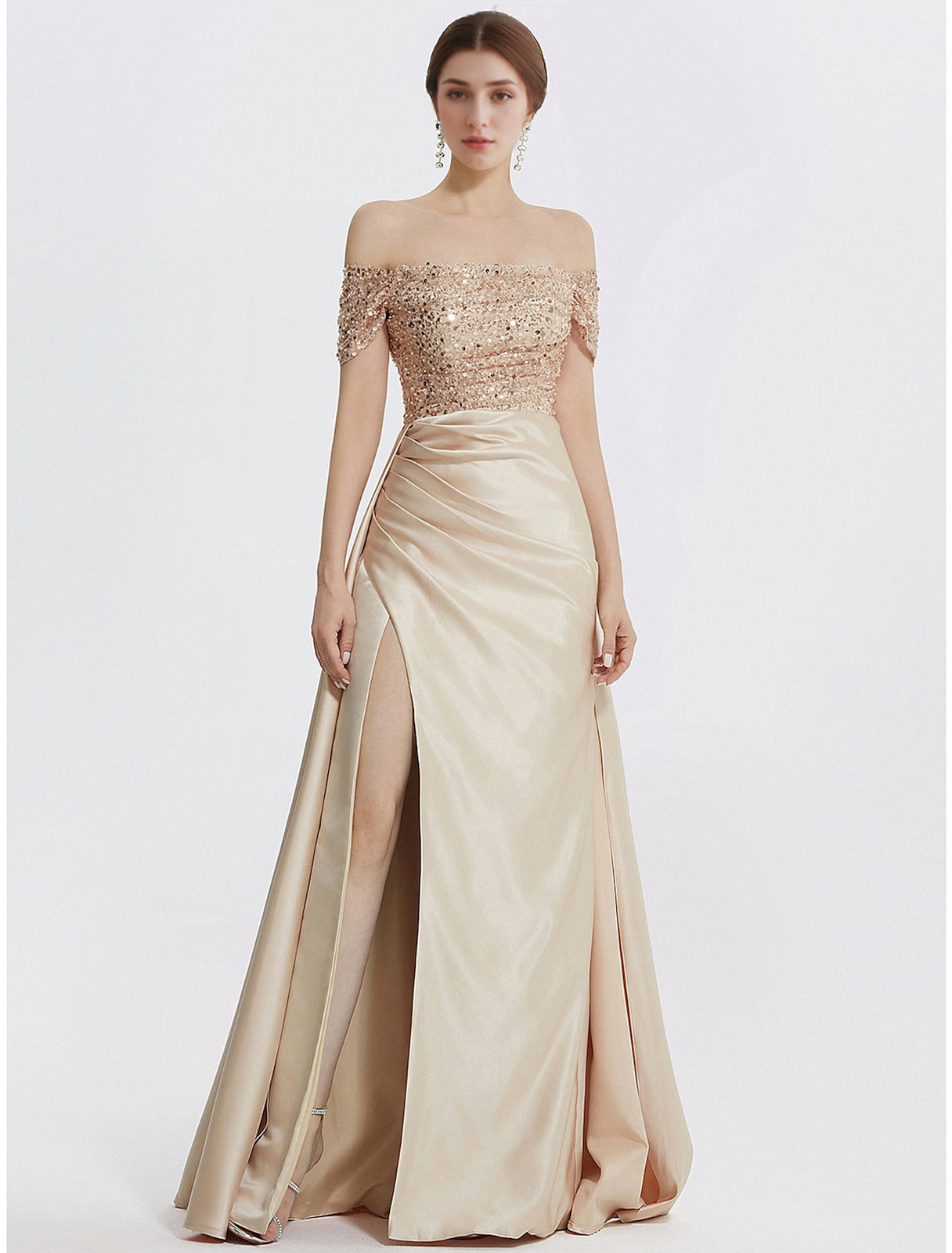 Sheath Column Evening Gown Elegant Dress Formal Floor Length Short Sleeve Off Shoulder Sequined with Glitter Pleats Slit