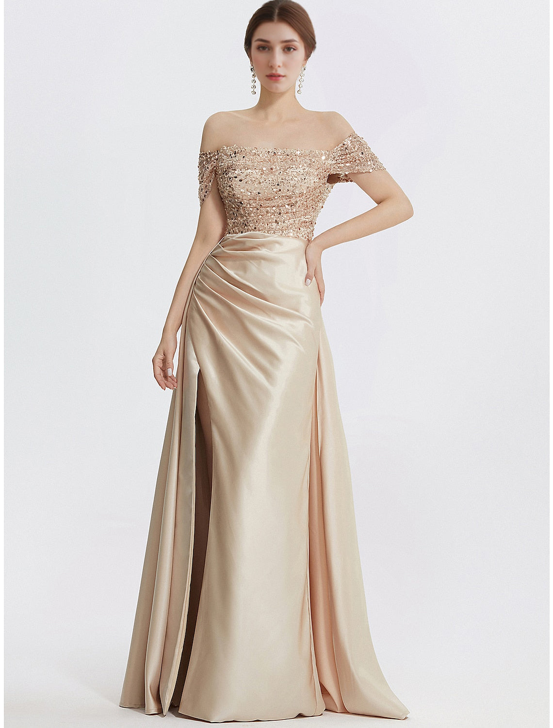 Sheath Column Evening Gown Elegant Dress Formal Floor Length Short Sleeve Off Shoulder Sequined with Glitter Pleats Slit