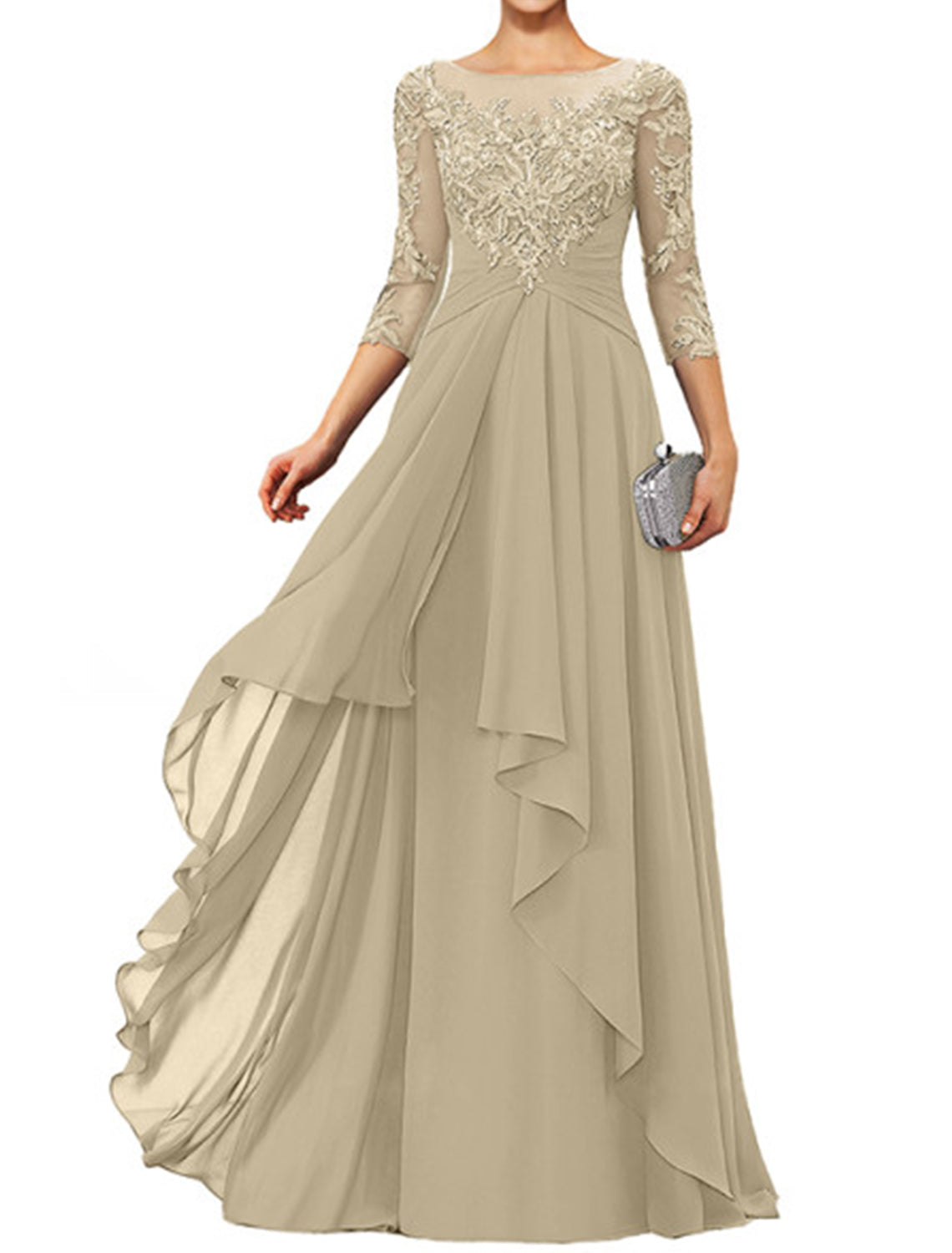 Dark Navy Chiffon A-Line Floor-Length Evening Dress - Illusion Neck Lace Appliques