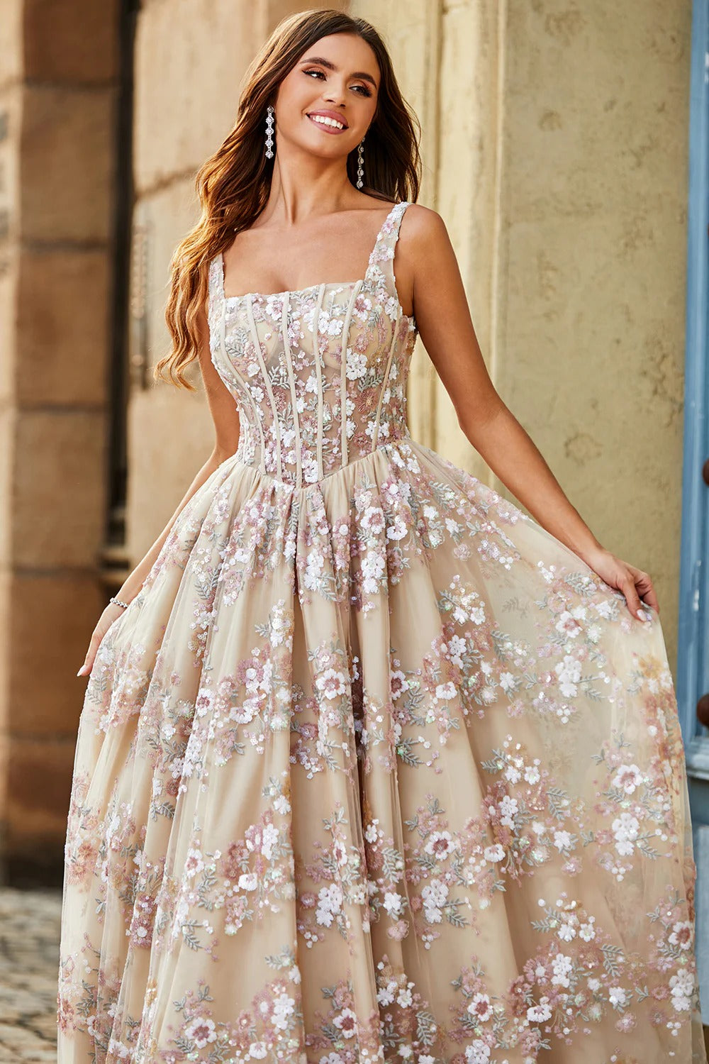 Champagne Floral Embroidered Tulle Gown – Square Neck Corset Formal Dress for Weddings