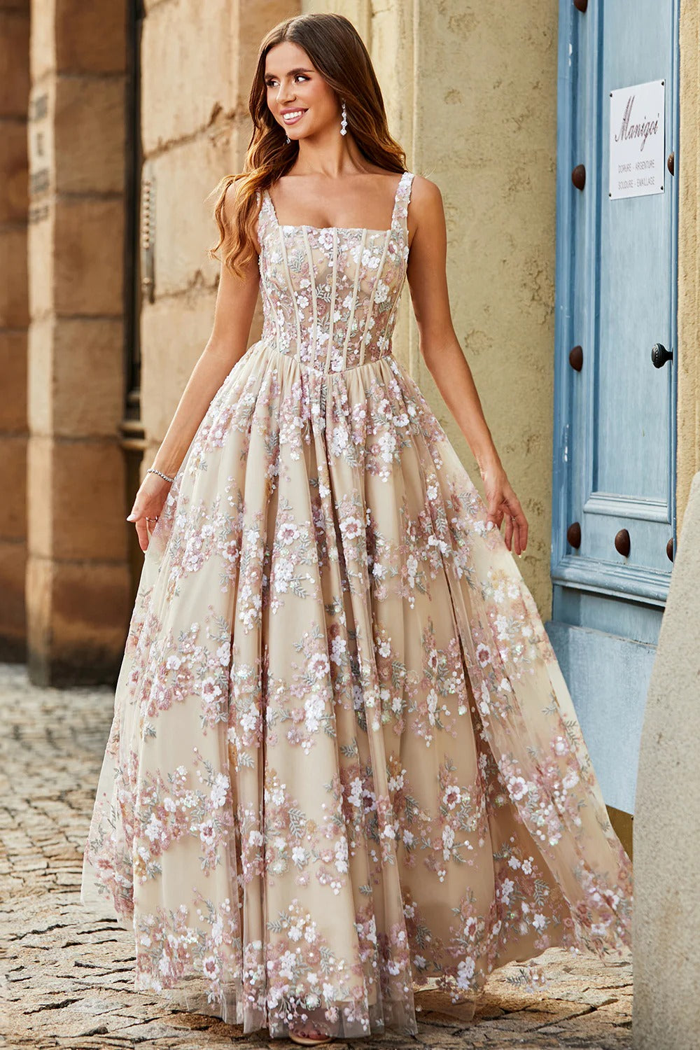 Champagne Floral Embroidered Tulle Gown – Square Neck Corset Formal Dress for Weddings