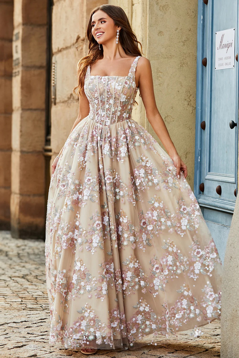 Champagne Floral Embroidered Tulle Gown – Square Neck Corset Formal Dress for Weddings