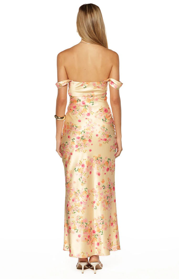 Champagne Floral Off-Shoulder Maxi Dress – Satin Ruched Bodice Formal Dress with Bow Straps