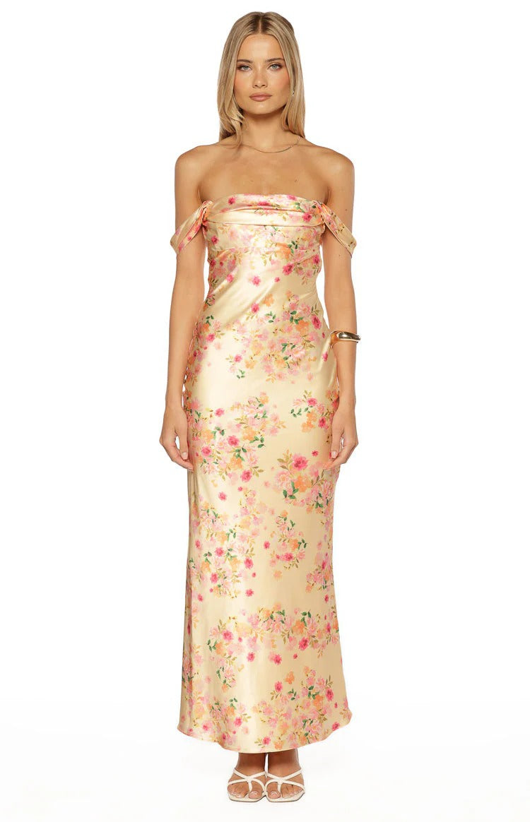 Champagne Floral Off-Shoulder Maxi Dress – Satin Ruched Bodice Formal Dress with Bow Straps