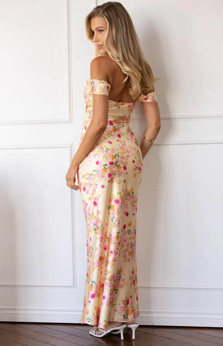 Champagne Floral Off-Shoulder Maxi Dress – Satin Ruched Bodice Formal Dress with Bow Straps