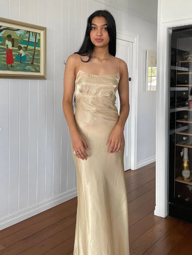Champagne Satin Spaghetti Strap Tie-Back Mermaid Floor-Length Evening Dress