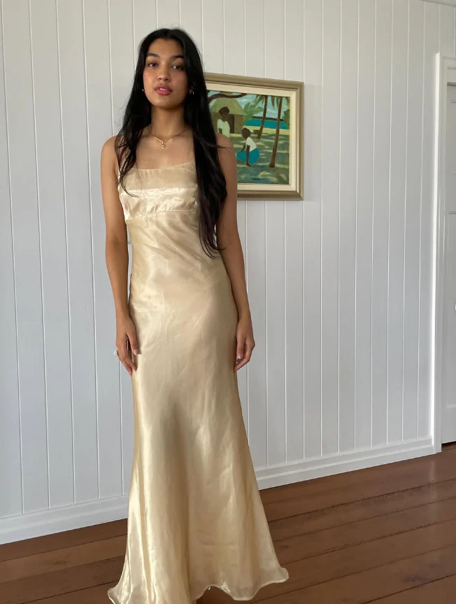 Champagne Satin Spaghetti Strap Tie-Back Mermaid Floor-Length Evening Dress