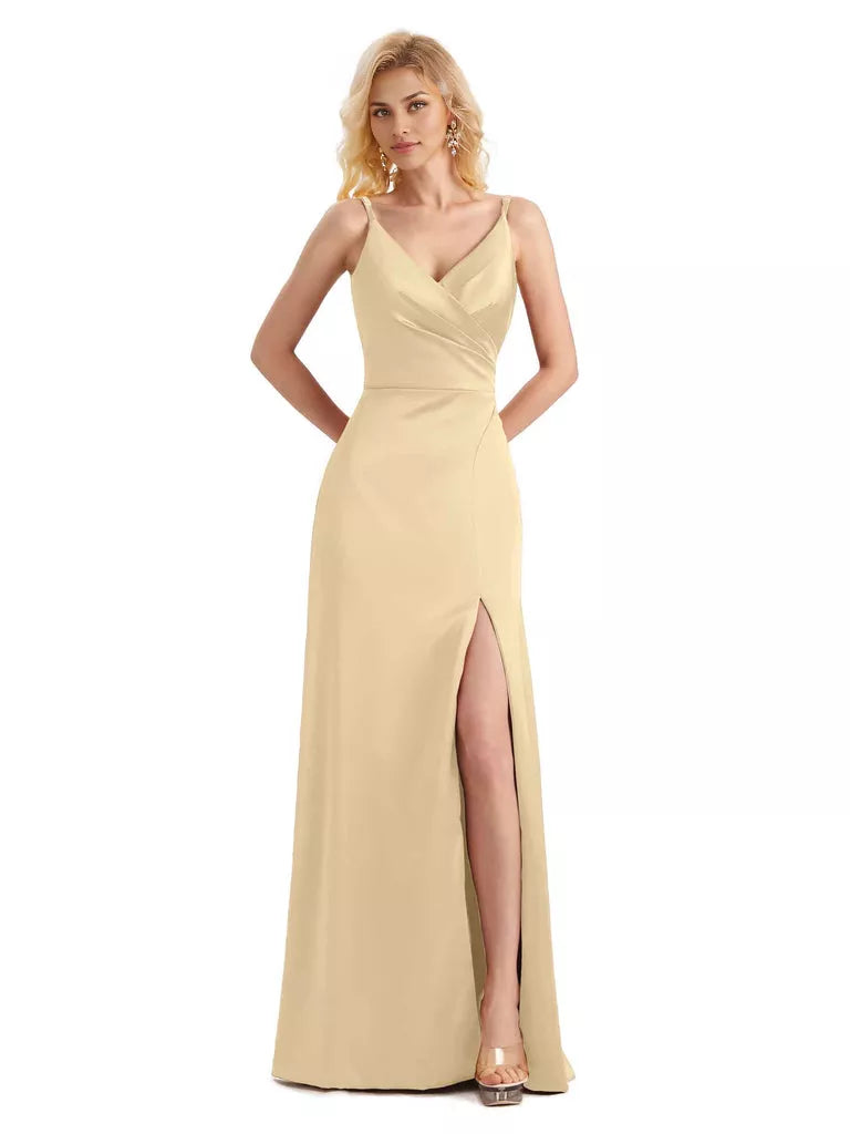 Vestido de dama de honor largo, formal, cruzado, sin mangas, con escote en V y abertura lateral de satén suave y sencillo