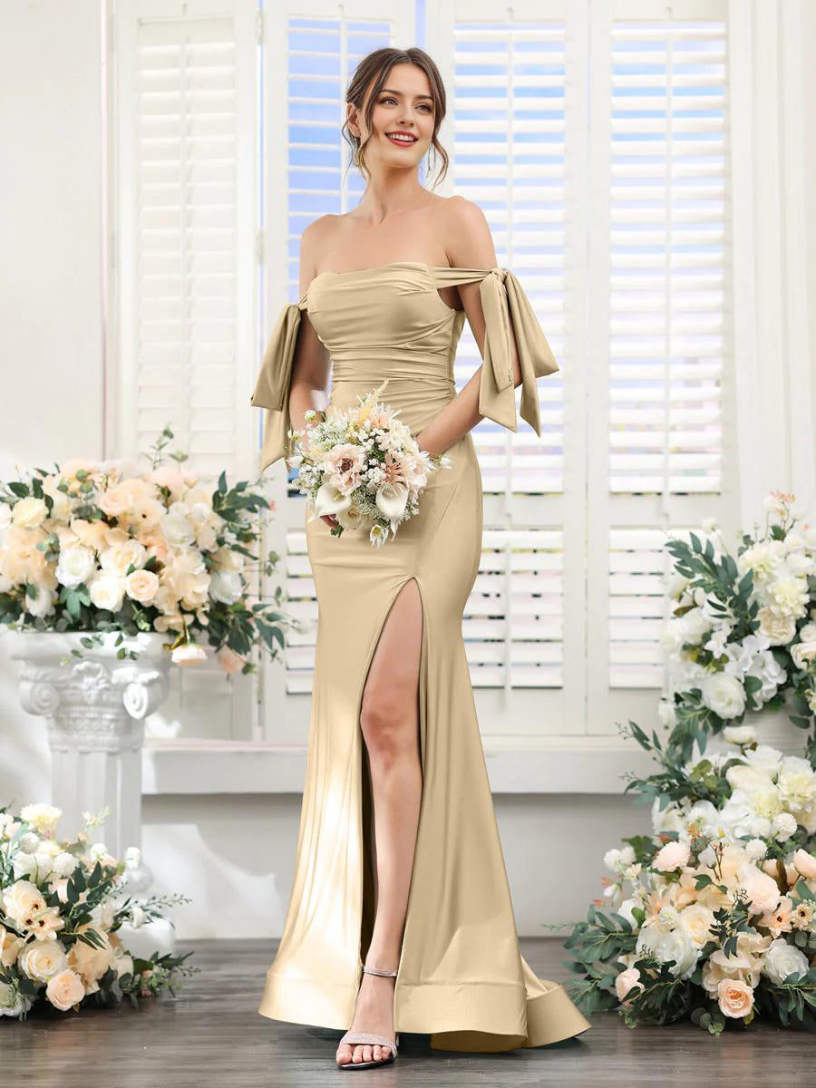 Sage Green Satin Mermaid Floor-Length Bridesmaid Dress with Ruched Bodice & High Slit