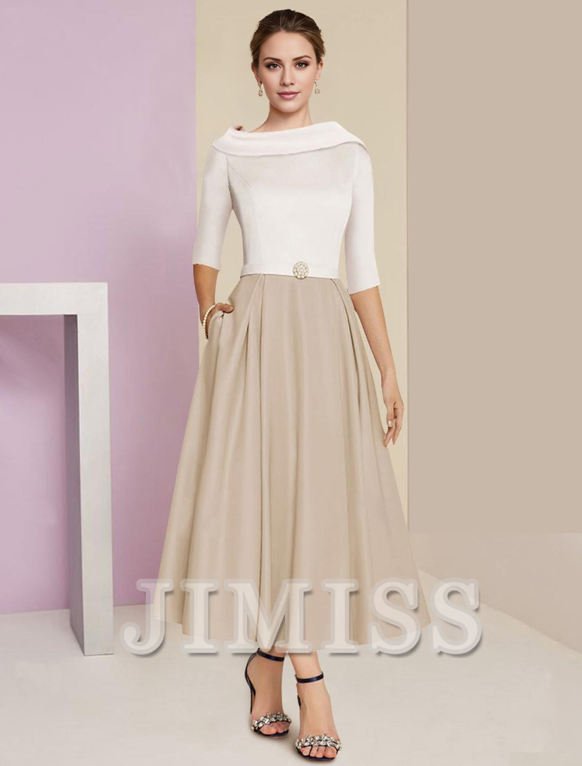 A-Line Mother of the Bride Dress Wedding Guest Elegant Vintage Jewelry Collar Tea Length Charmeuse Satin Half Sleeves with Ruffles Crystals