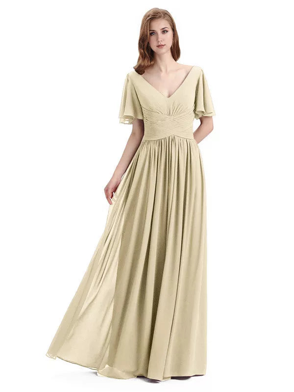 Vestidos de dama de honor elegantes de gasa con escote en V, mangas cortas y largo hasta el suelo