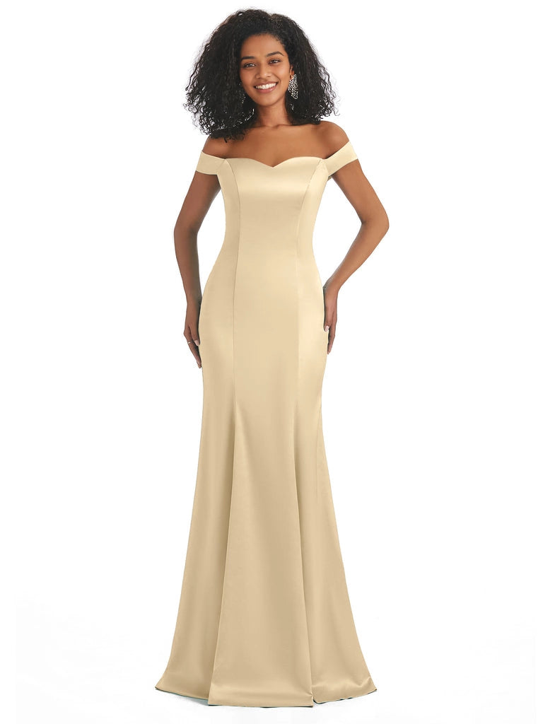 Vestidos de dama de honor largos, sencillos, de satén suave, sin mangas y con hombros descubiertos, de corte sirena