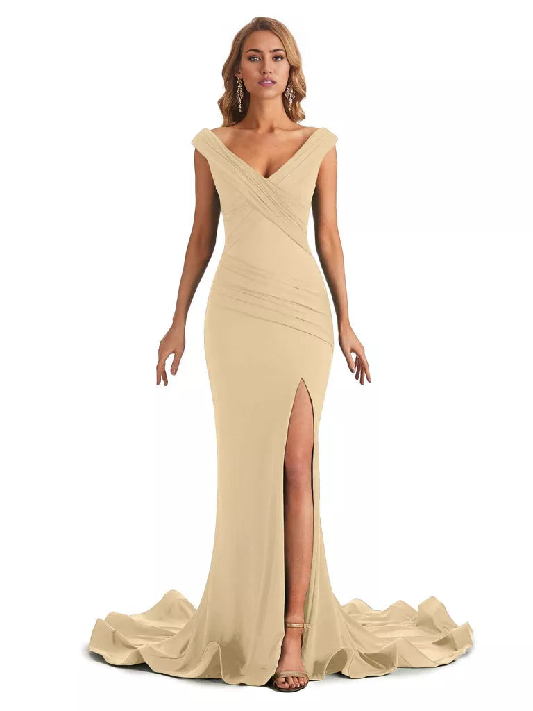 Vestido de dama de honor largo, formal, sin mangas, con escote en V y hombros descubiertos, de estilo sirena y sexy