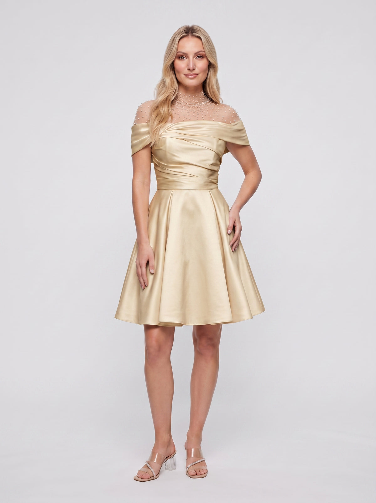 Ivory Satin A-Line Off-the-Shoulder Floor-Length Evening Dress