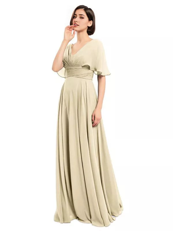 Elegantes vestidos largos de dama de honor de gasa con escote en V y mangas cortas