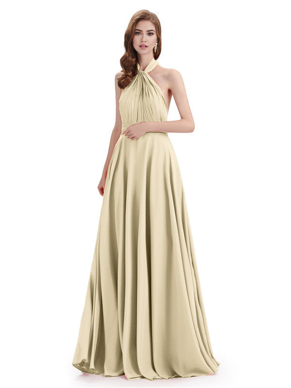 Simple A-Line High Neck Halter Sleeveless Pleats Chiffon Floor Length Bridesmaid Dresses