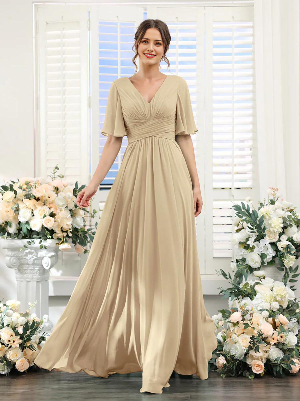 Mint Green Chiffon A-Line Floor-Length Bridesmaid Dress | V-Neck, Ruched Bodice & High Slit