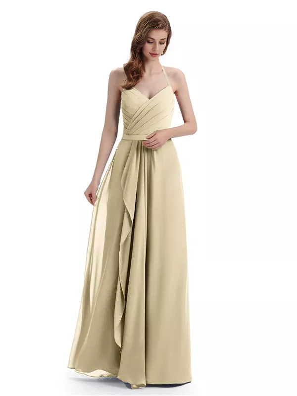 Encantadores vestidos de dama de honor con escote en V, hombros descubiertos, sin mangas y hasta el suelo