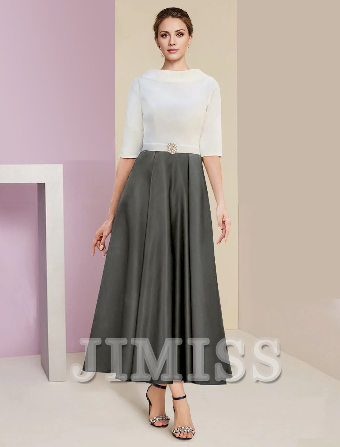 A-Line Mother of the Bride Dress Wedding Guest Elegant Vintage Jewelry Collar Tea Length Charmeuse Satin Half Sleeves with Ruffles Crystals