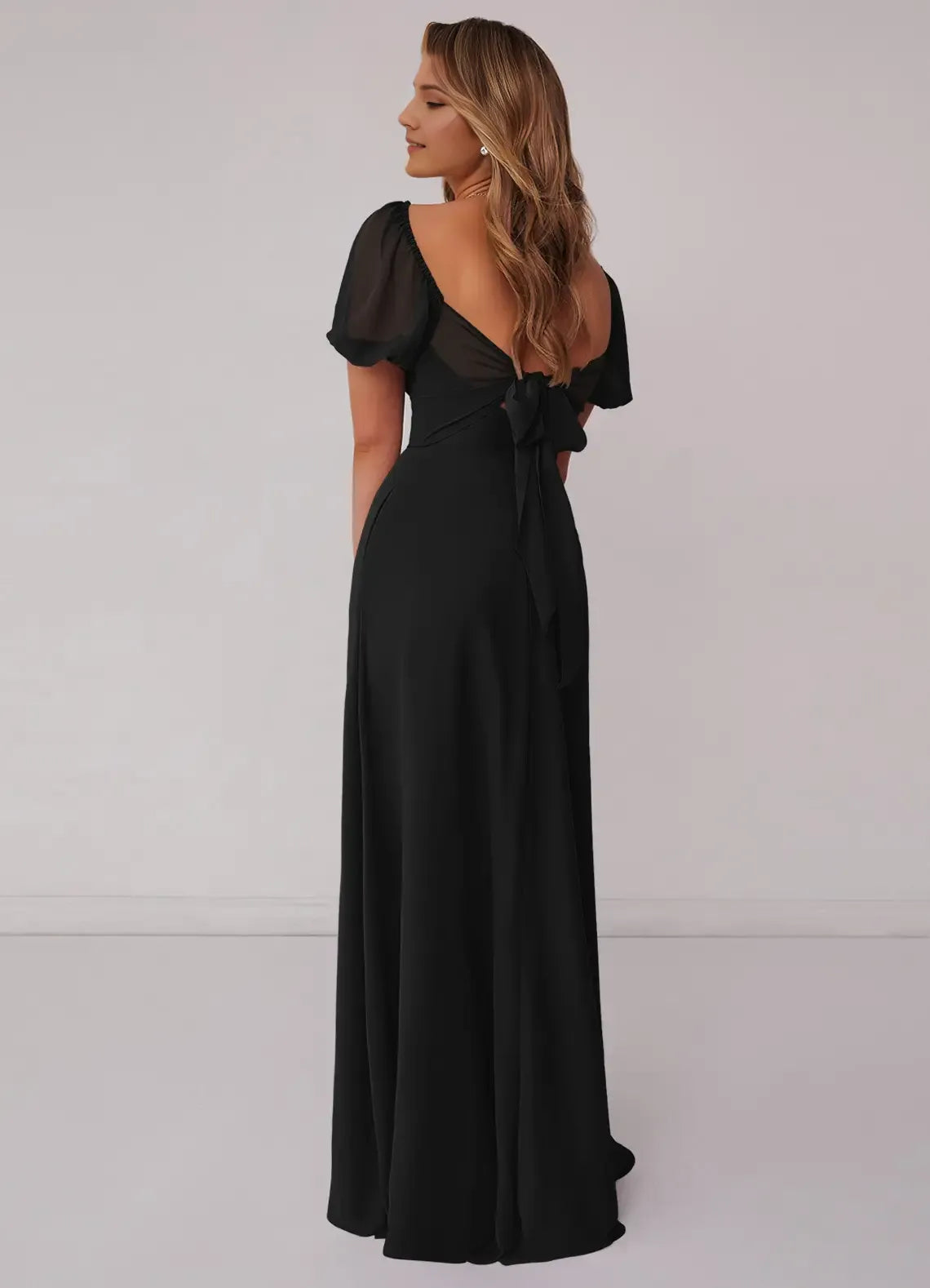 Black Chiffon A-Line Floor-Length Bridesmaid Dress with Sweetheart Neckline