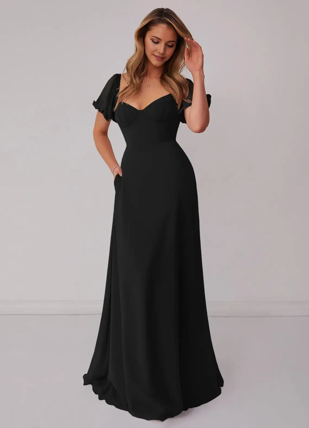 Black Chiffon A-Line Floor-Length Bridesmaid Dress with Sweetheart Neckline