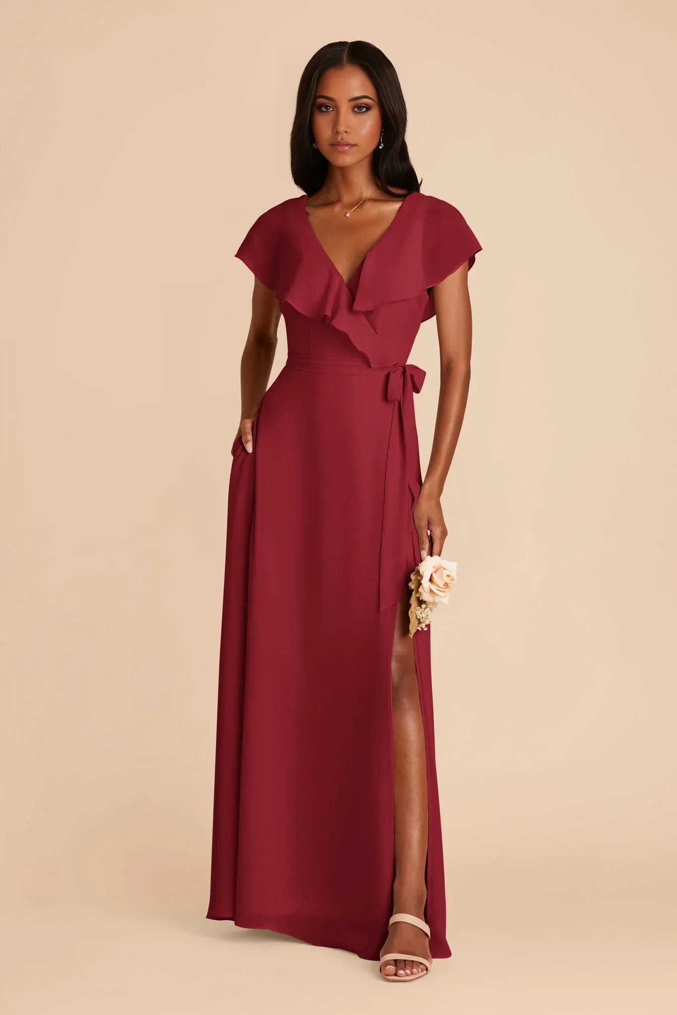 Charming Flowy Chiffon V Neck Ruffle Sleeve Tie Back Floor Length Bridesmaid Dresses