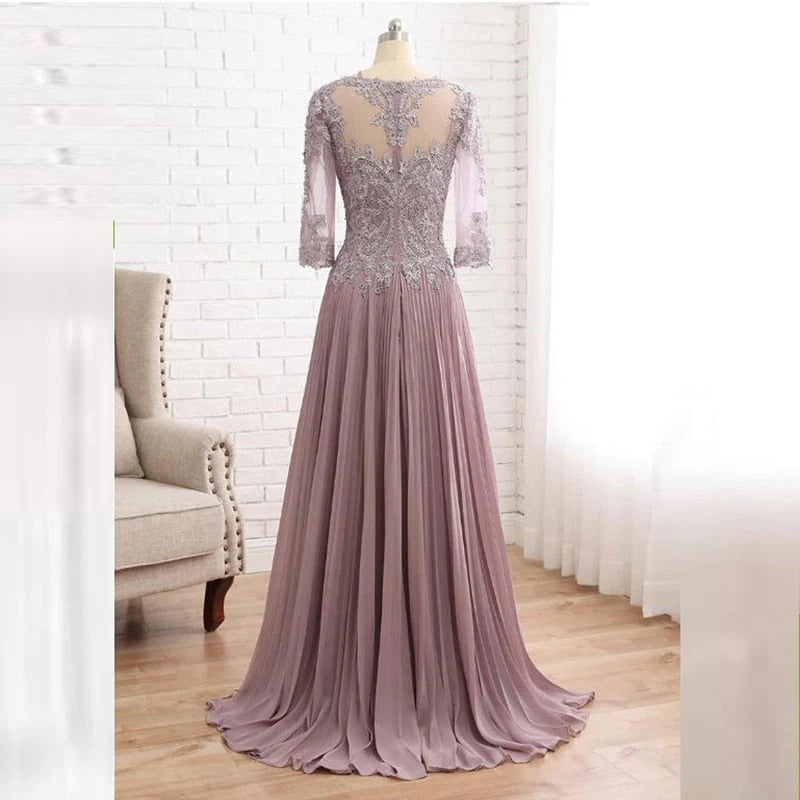 Dusty Rose Chiffon Lace A-Line Floor-Length Evening Dress with Illusion Neck and Pleated Skirt