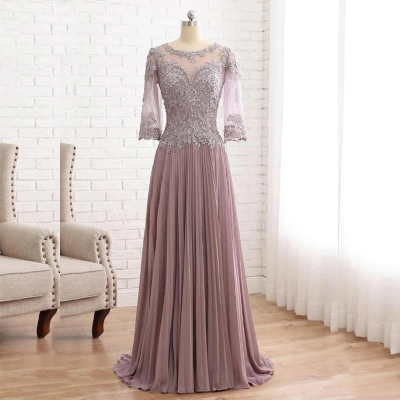 Dusty Rose Chiffon Lace A-Line Floor-Length Evening Dress with Illusion Neck and Pleated Skirt