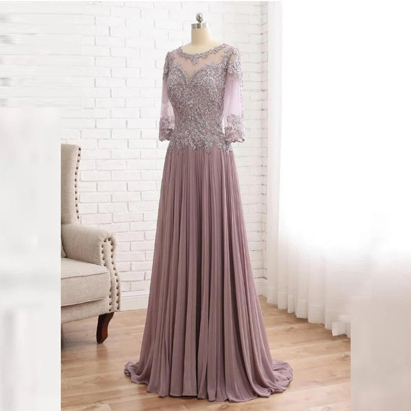 Dusty Rose Chiffon Lace A-Line Floor-Length Evening Dress with Illusion Neck and Pleated Skirt