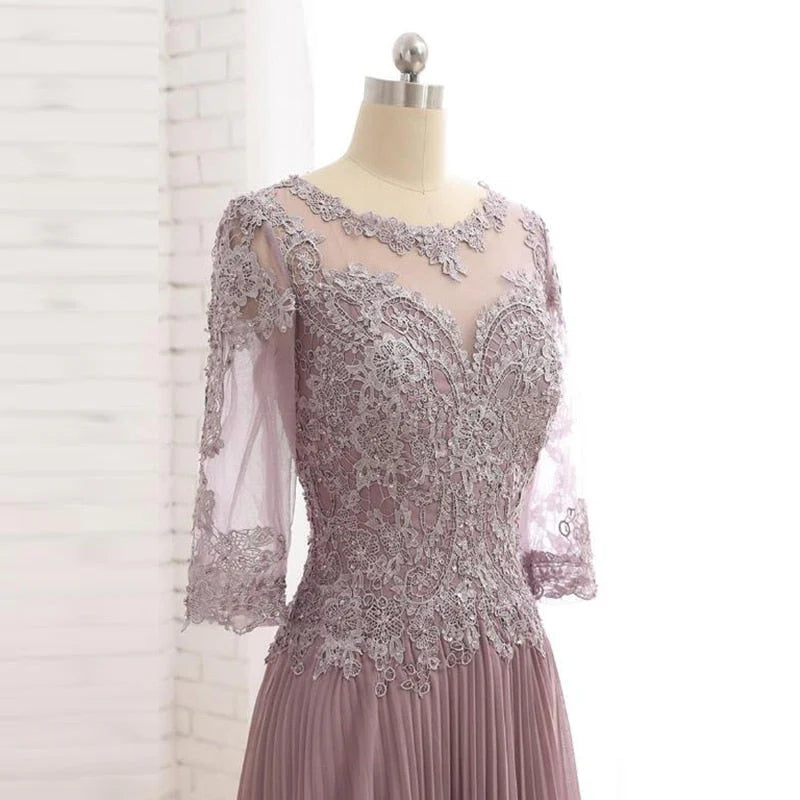 Dusty Rose Chiffon Lace A-Line Floor-Length Evening Dress with Illusion Neck and Pleated Skirt