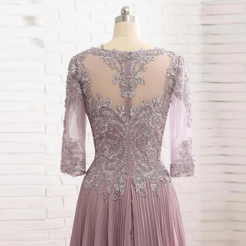 Dusty Rose Chiffon Lace A-Line Floor-Length Evening Dress with Illusion Neck and Pleated Skirt