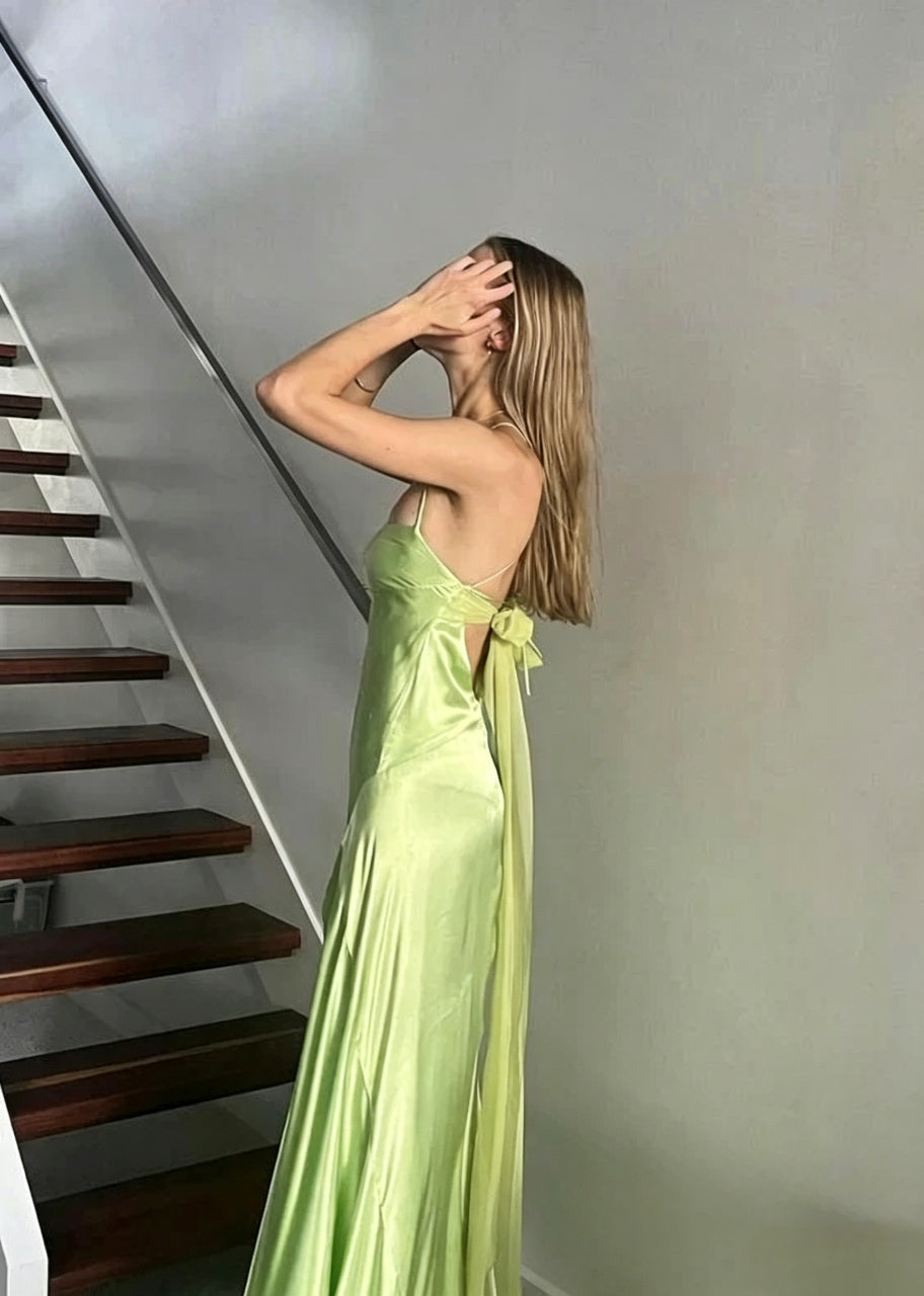 Charming A-Line Sweetheart Spaghetti Straps Bow Back Slit Floor Length Evening Dress