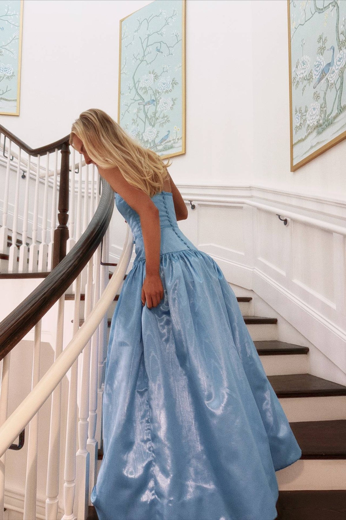 Sky Blue Satin A-Line Straight Neck Floor-Length Bridesmaid Dress with Bow Accents
