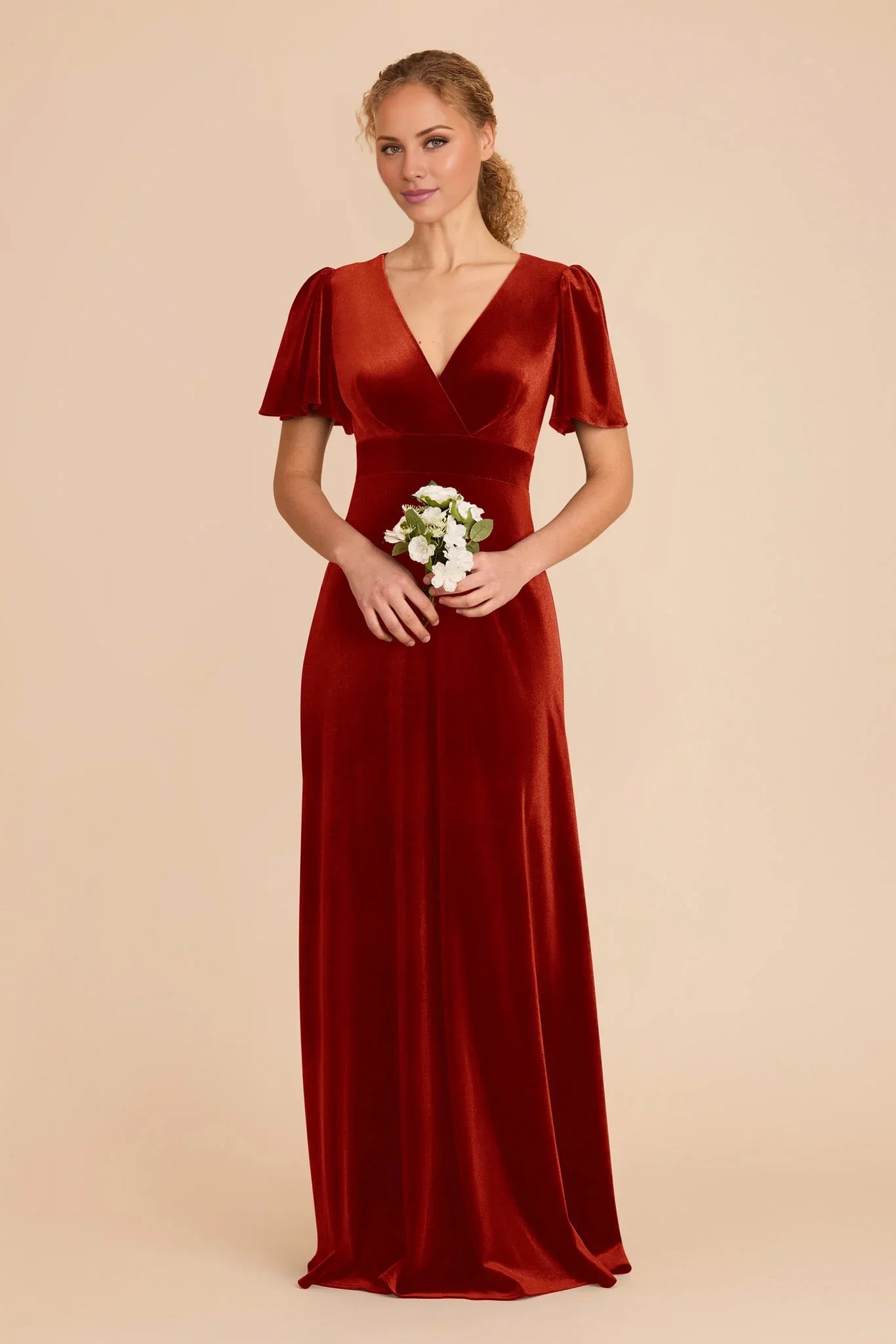 Charming Burnt Orange Velvet Deep V-Neck Puff-Sleeve Maxi Bridesmaid Dress with Waist Accent