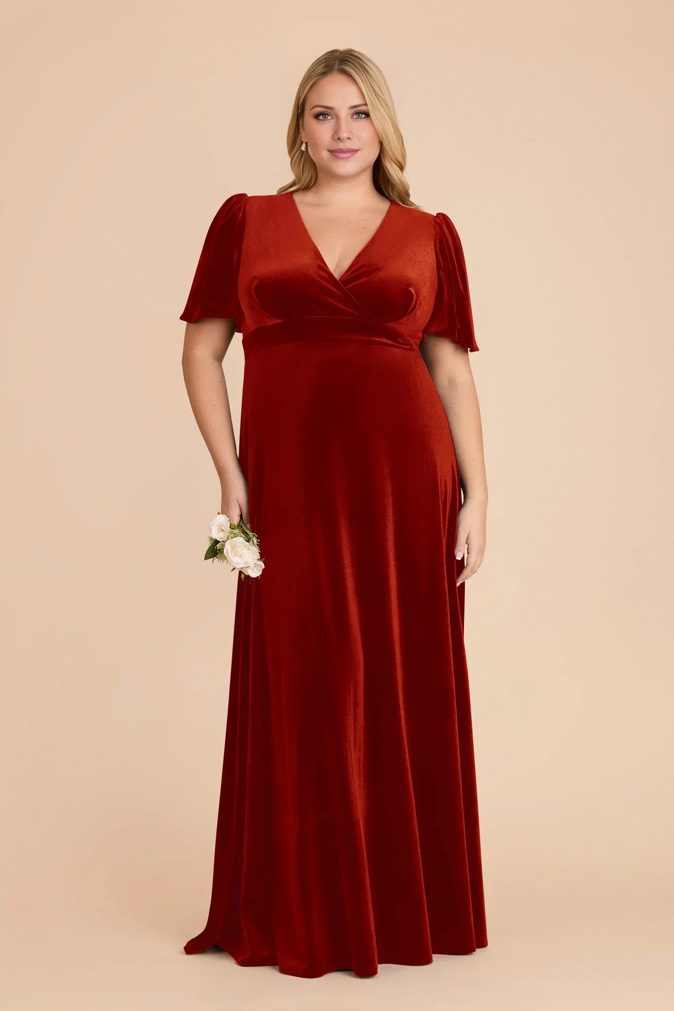 Charming Burnt Orange Velvet Deep V-Neck Puff-Sleeve Maxi Bridesmaid Dress with Waist Accent
