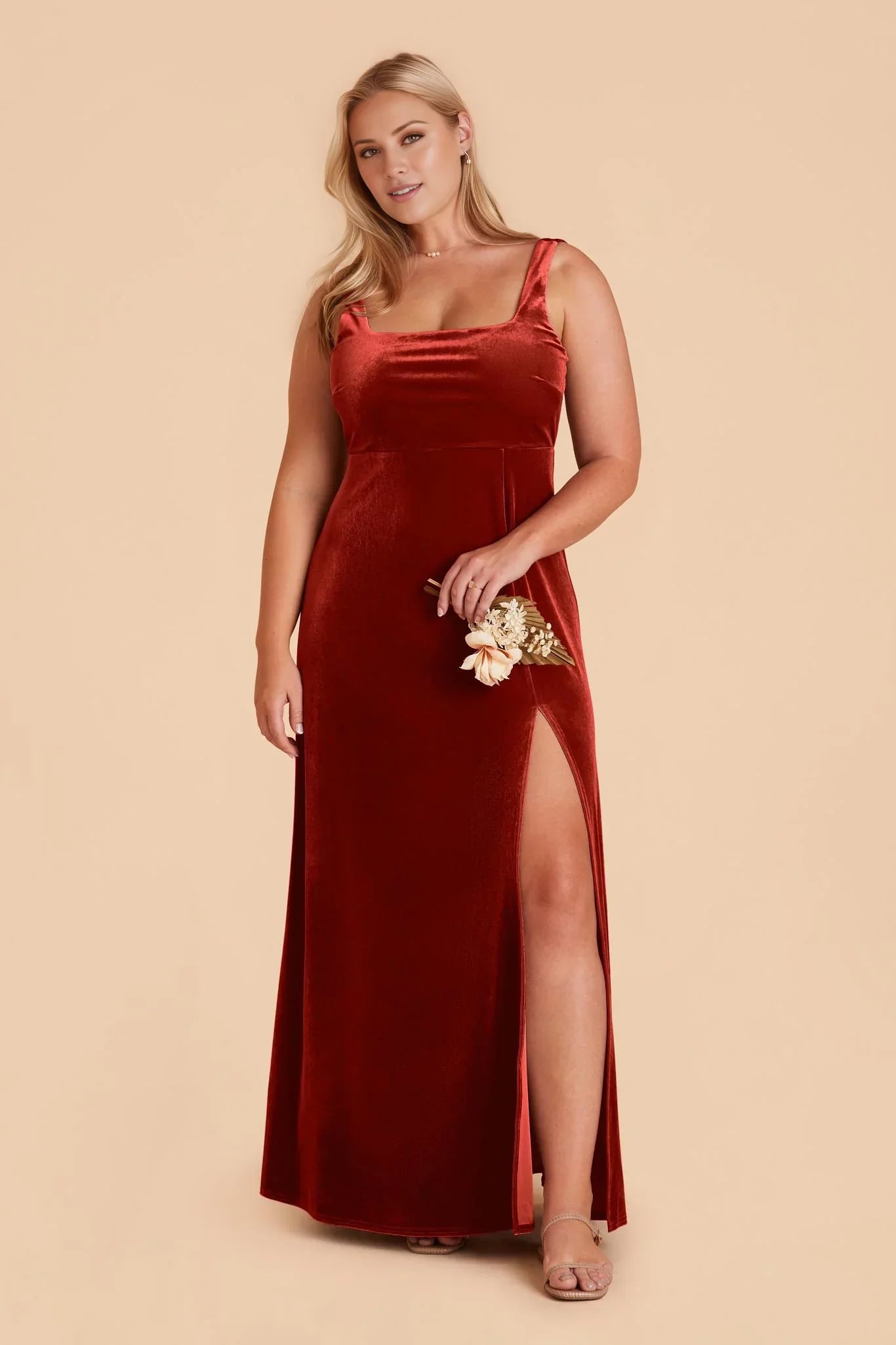 Charming Burnt Orange Velvet Square Neck Bow-Strap Maxi Bridesmaid Dress with High Side Slit & Open Back