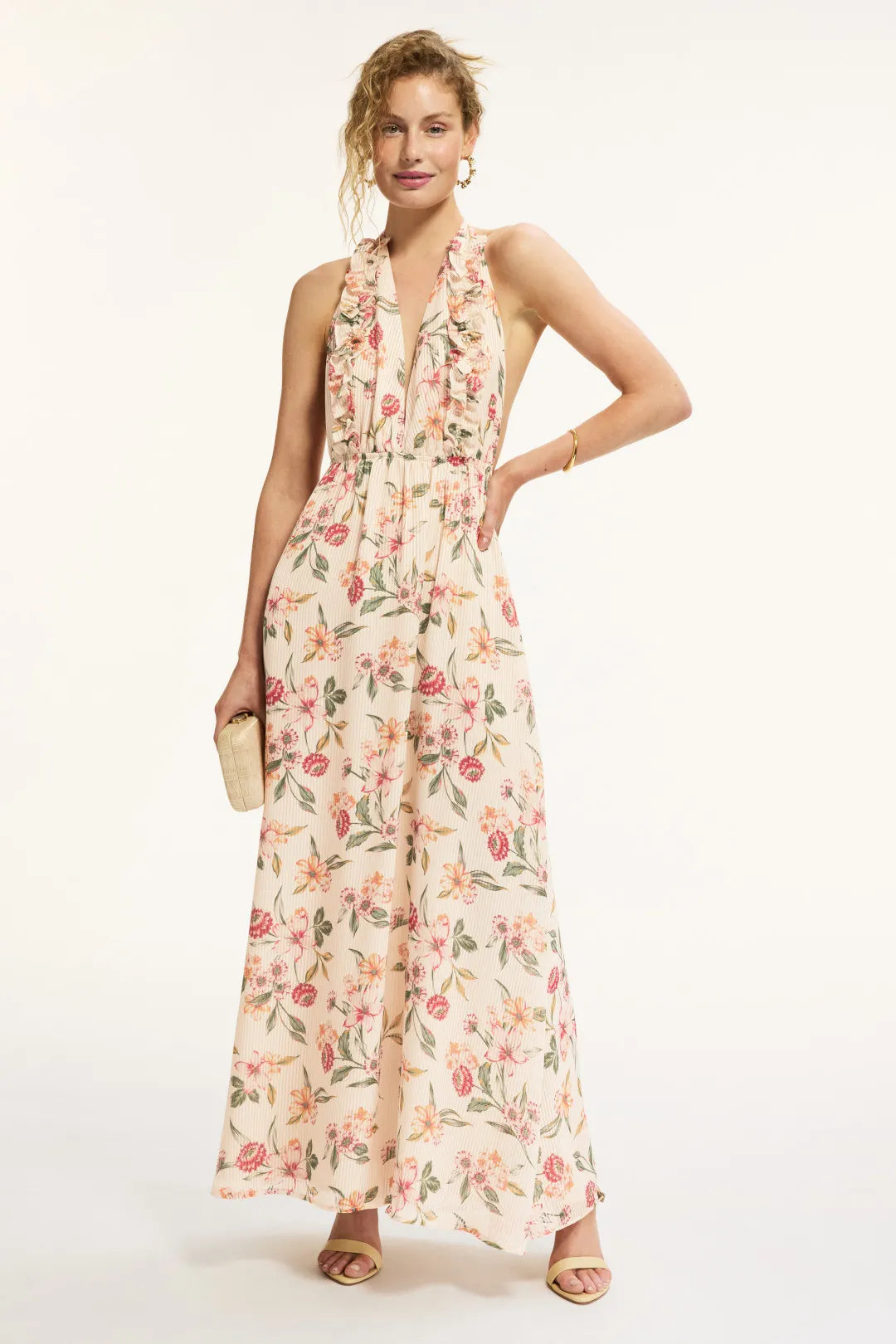 Charming Floral Print ALine Halter Neck Sleeveless Open Back Floor Length Prom Dress