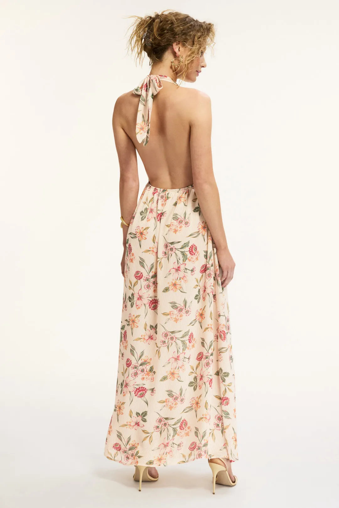 Charming Floral Print ALine Halter Neck Sleeveless Open Back Floor Length Prom Dress