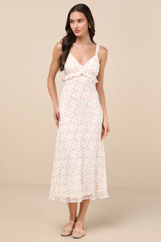Charming Floral Print Chiffon A-Line Spaghetti Strap V-Neck Ruffle Detail Midi Dresses