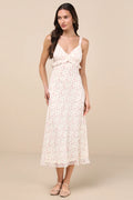 Ivory Floral Print Ruffle Bodice A-Line Midi Bridesmaid Dress