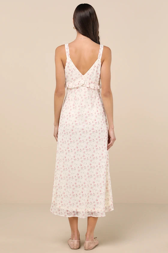 Charming Floral Print Chiffon A-Line Spaghetti Strap V-Neck Ruffle Detail Midi Dresses