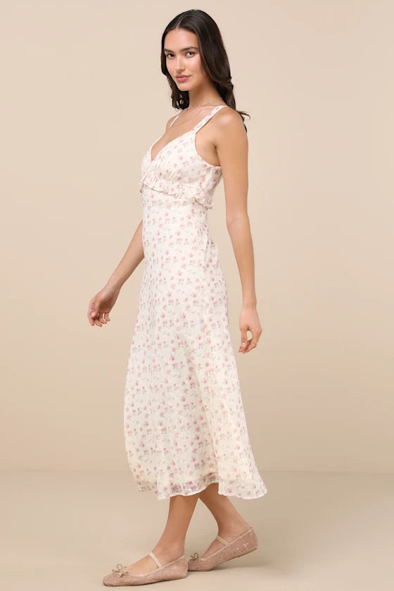 Charming Floral Print Chiffon A-Line Spaghetti Strap V-Neck Ruffle Detail Midi Dresses