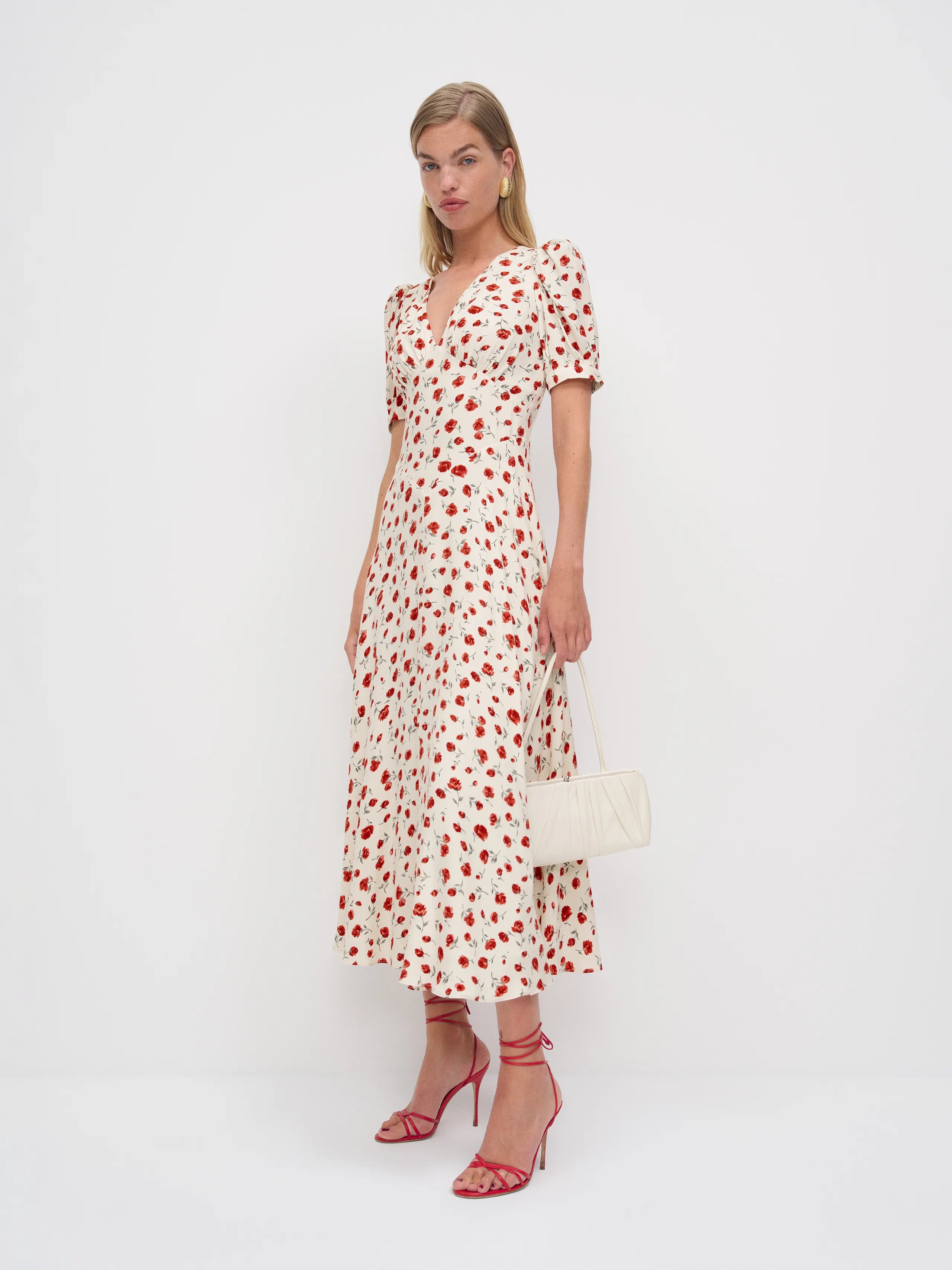 Charming Floral Satin A-Line Plunging V-Neck Puff Sleeve Back Zip Midi Prom Dresses
