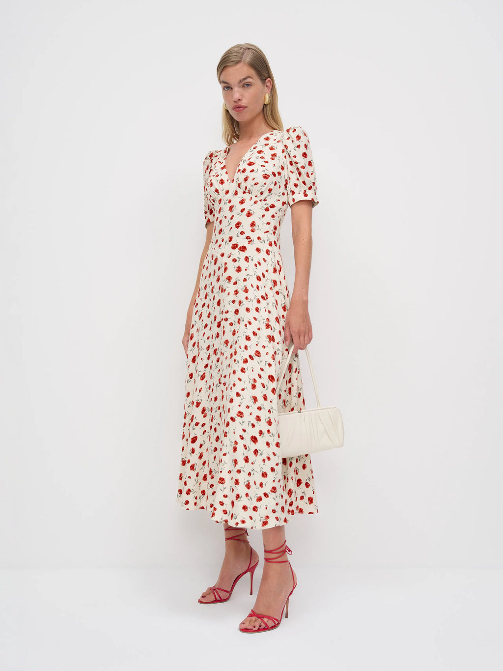 Ivory Floral Chiffon A-Line Midi Dress with Puff Sleeves