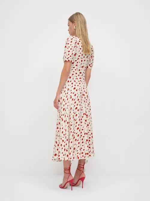 Charming Floral Satin A-Line Plunging V-Neck Puff Sleeve Back Zip Midi Prom Dresses
