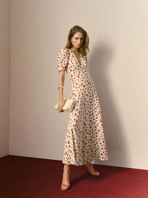 Charming Floral Satin A-Line Plunging V-Neck Puff Sleeve Back Zip Midi Prom Dresses