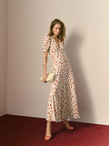 Ivory Floral Chiffon A-Line Midi Dress with Puff Sleeves