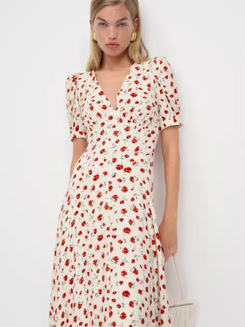 Charming Floral Satin A-Line Plunging V-Neck Puff Sleeve Back Zip Midi Prom Dresses